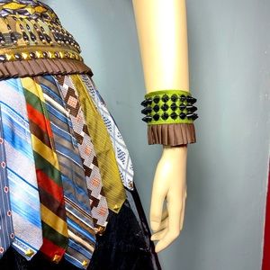Upcycled Silk Mens Tie Sexy Wrist cuff , with spike Stud and Ruffle Trim